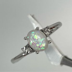 White Faux Fire Opal Oval Cut Dainty Cute Boho Fashion Silver Tone Ring